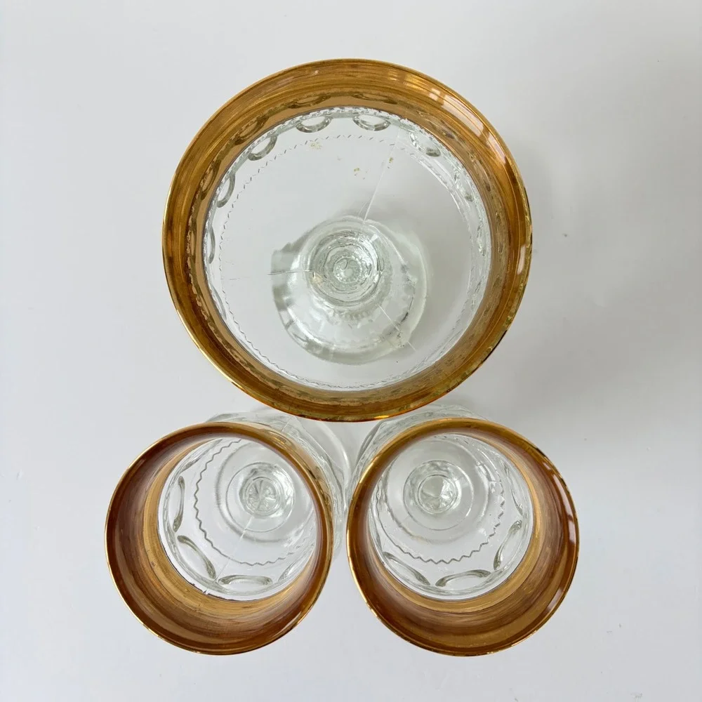 Indiana Glass Kings Thumbprint Gold Rim Goblets and Compote Set of 3 Vintage MCM
